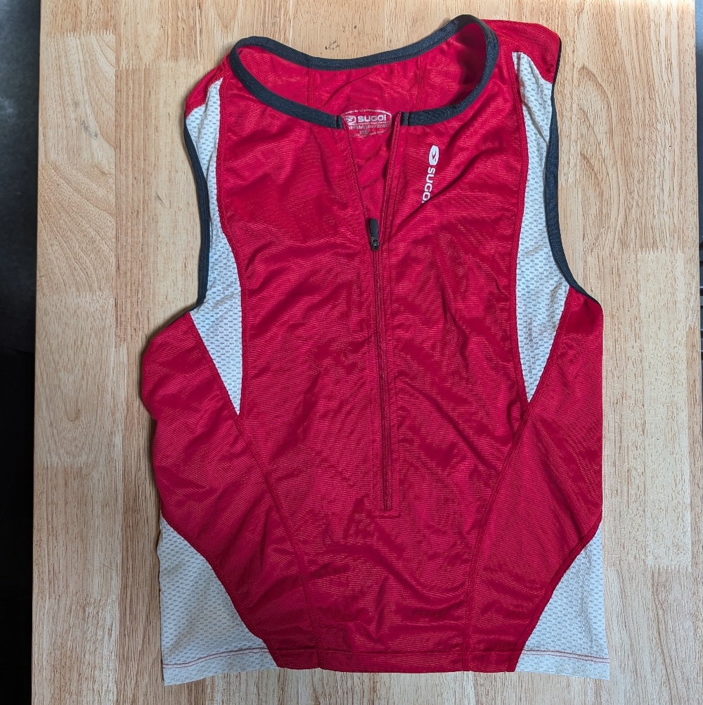 SUGOI Red and White Sleeveless Triathlon Singlet with Front Zip Medium